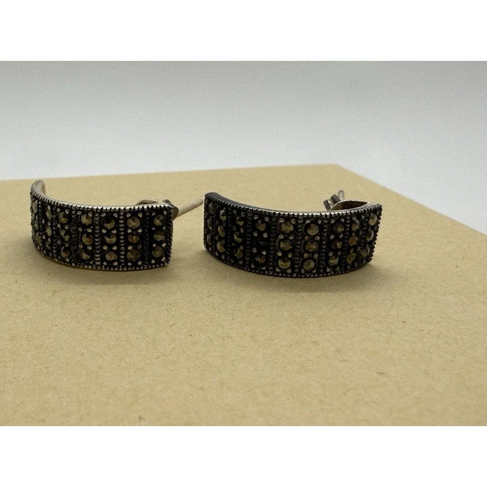 Vintage‎ Signed CFJ Sterling Silver .925 Marcasite Pierced Earrings Thailand